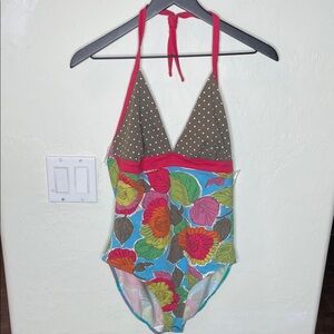 Biden Size 14 Floral Halter Swimsuit with Polka Dot Top